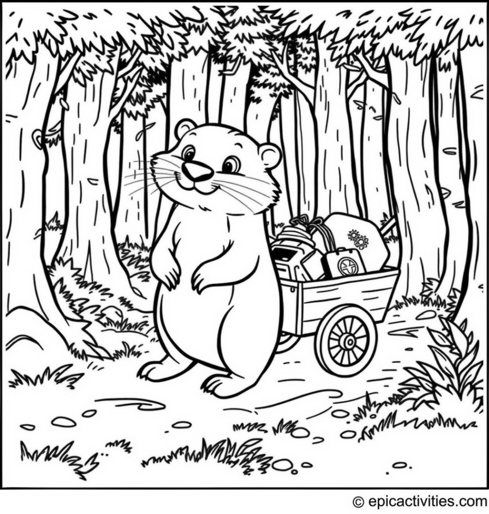 Coloring page of a Cartoon Otter Pulling a Whimsical Wagon Full of Treasure Through a Forest Trail