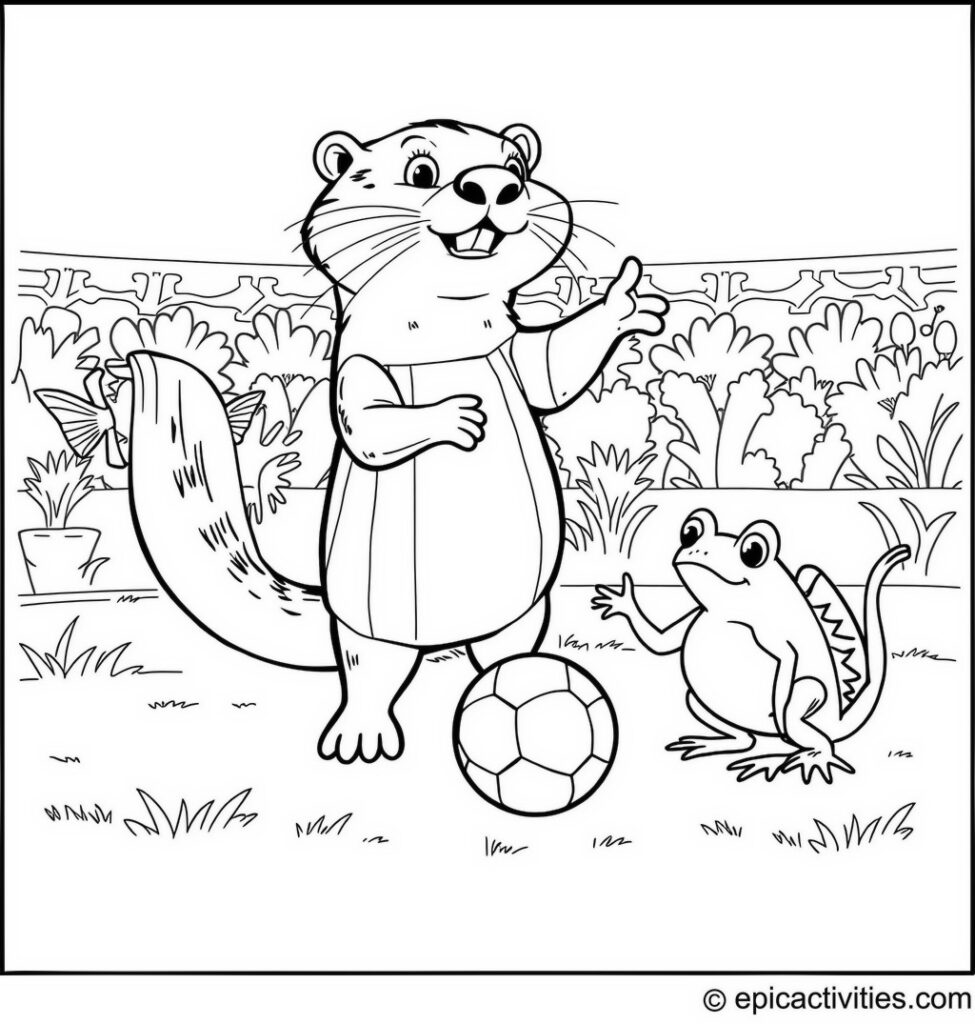 Coloring page of a Cartoon Otter Refereeing a Soccer Game Between Fish and Frogs