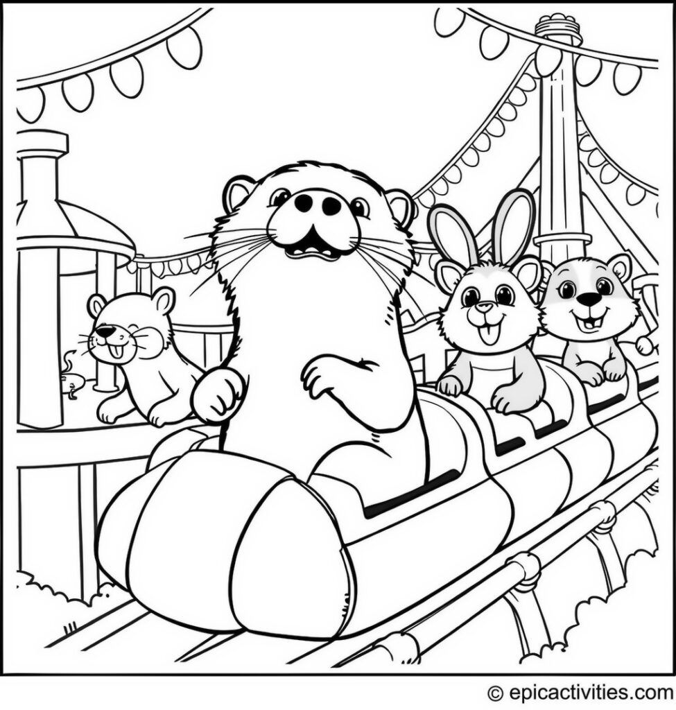 Coloring page of a Cartoon Otter Riding a Roller Coaster at an Amusement Park