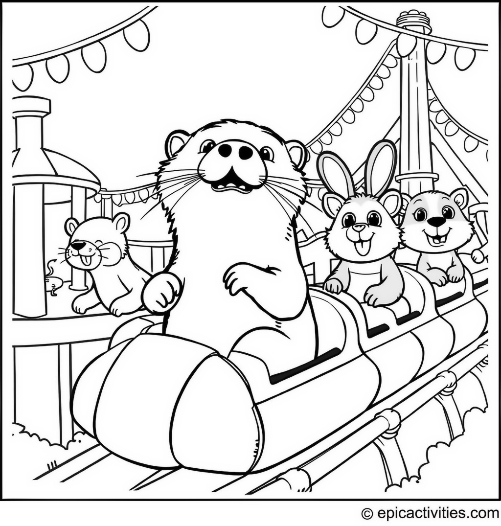 Coloring page of a Cartoon Otter Riding a Roller Coaster at an Amusement Park