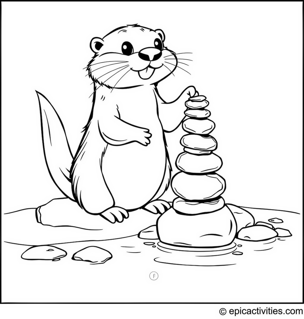 Coloring page of a cartoon otter stacking colorful stones to build a tower by the river
