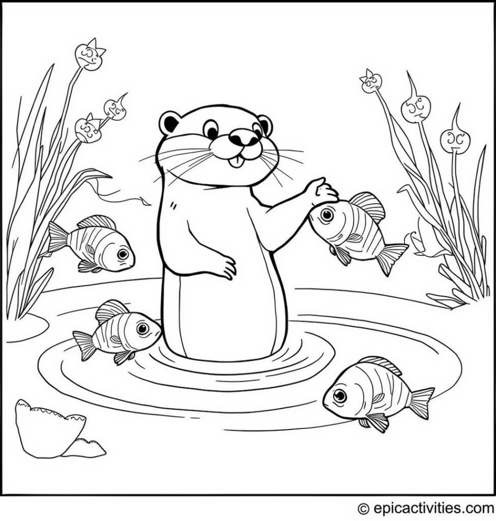 Coloring page of a Cartoon Otter Synchronized Swimming with Fish Friends
