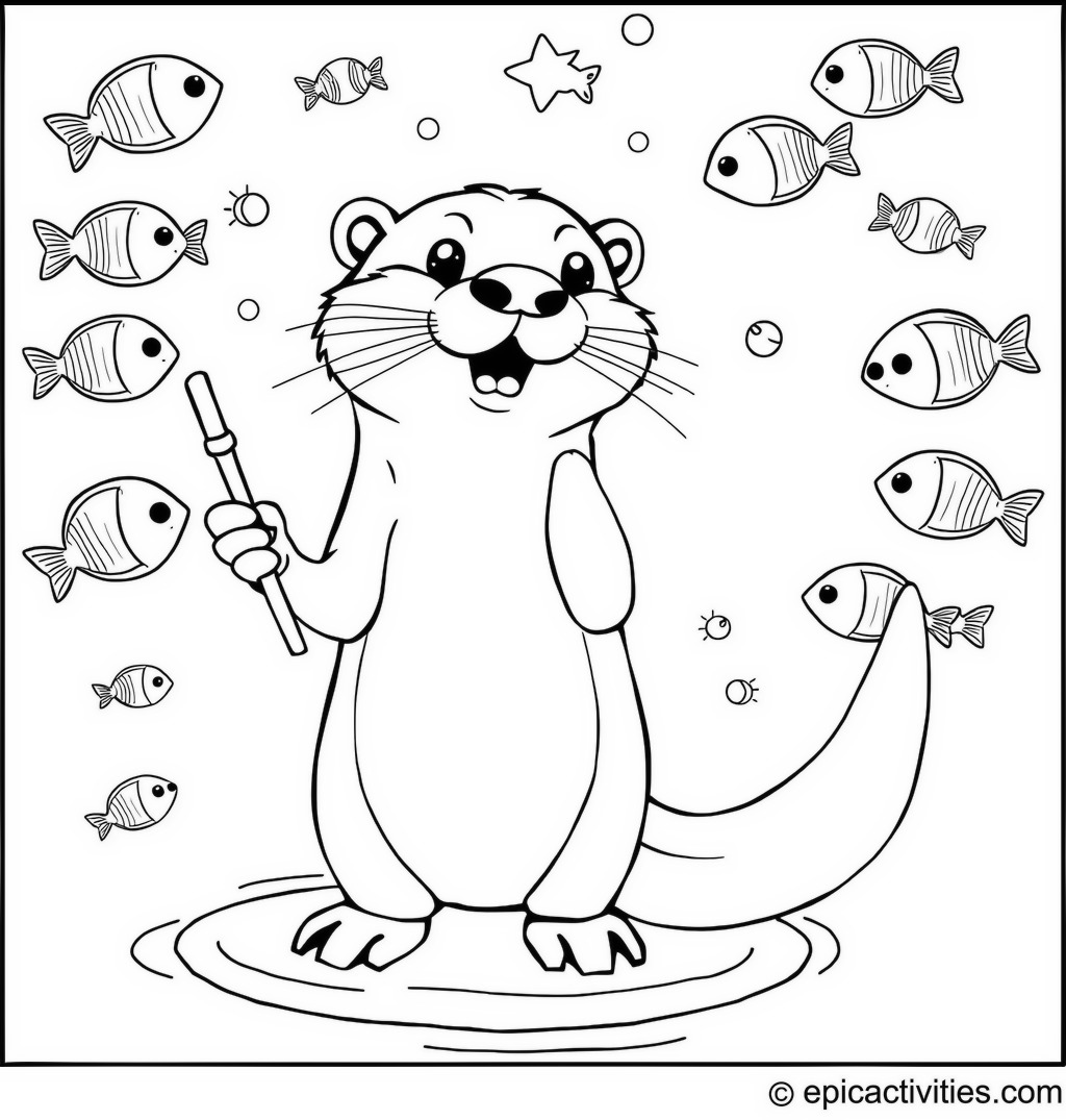 Coloring page of a Cartoon Otter with a Magic Wand and Fish Jumping