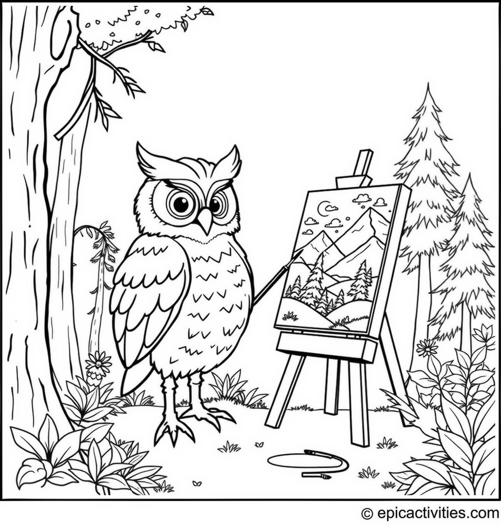 Coloring page of a Cartoon Owl Artist Painting a Forest Landscape