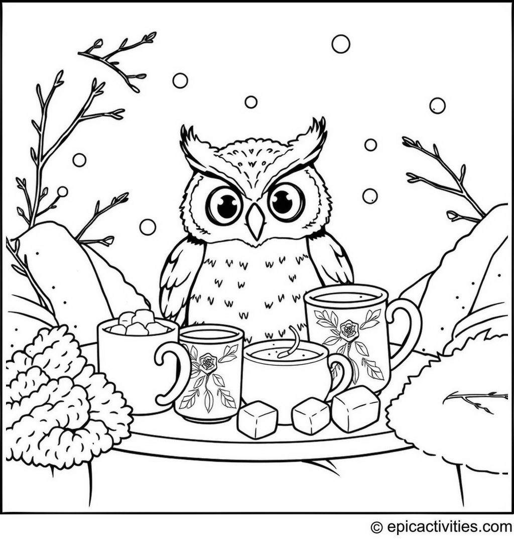 Coloring page of a Cartoon Owl at a Hot Chocolate Party with Cozy Blankets