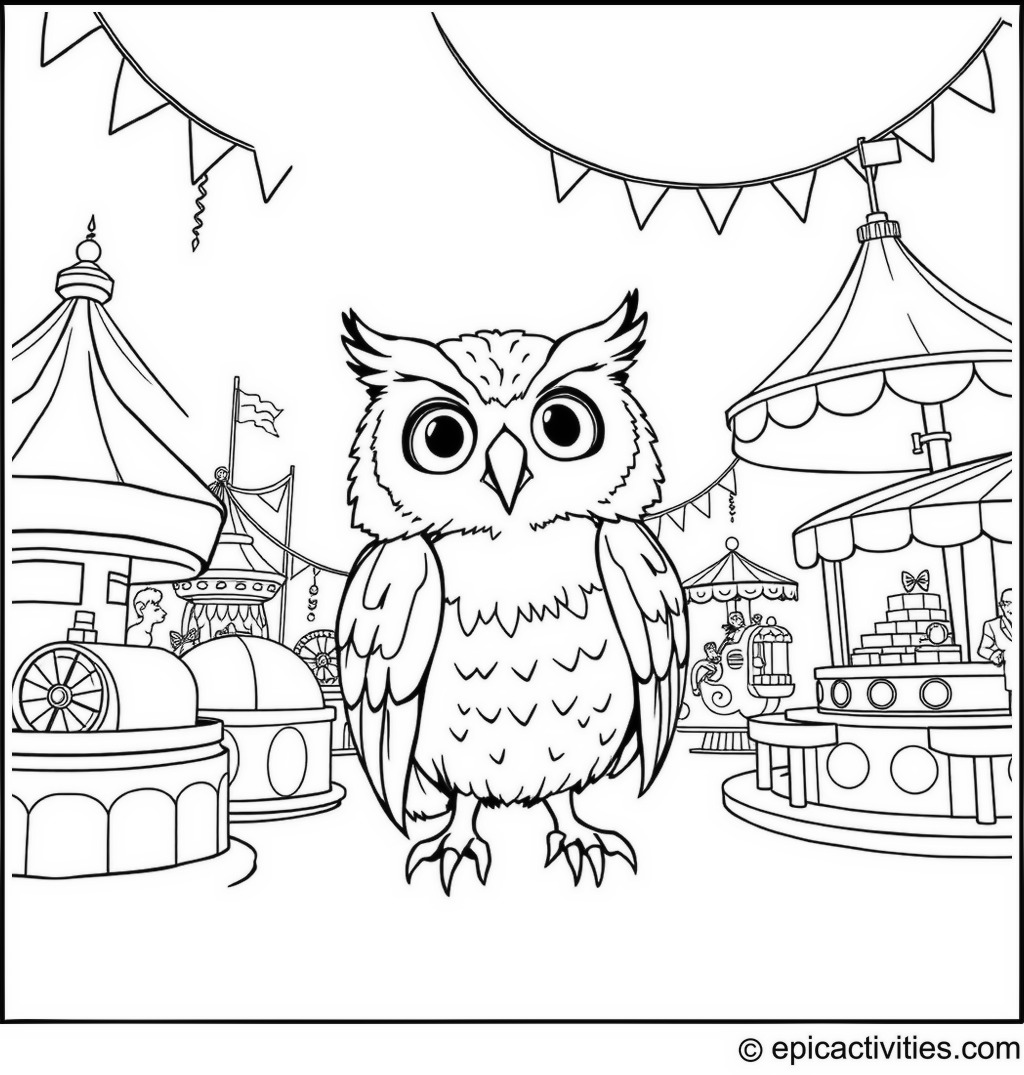 Coloring page of a Cartoon Owl at the Carnival