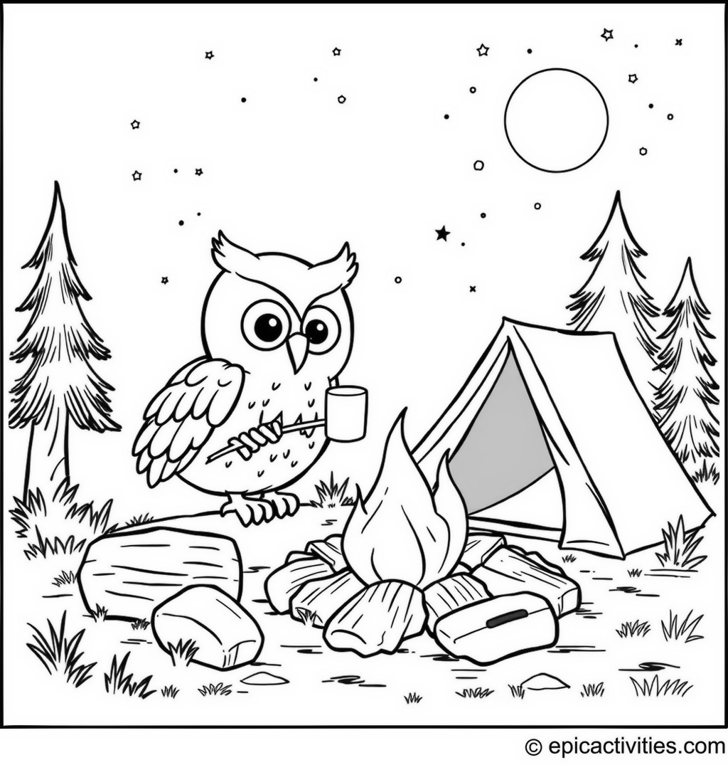 Coloring page of a Cartoon Owl Camping Trip with Marshmallows and Campfire