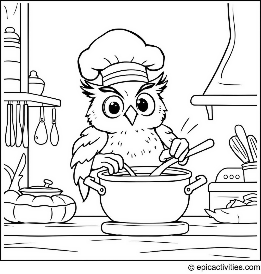 Coloring page of a Cartoon Owl Chef Cooking Soup in a Kitchen