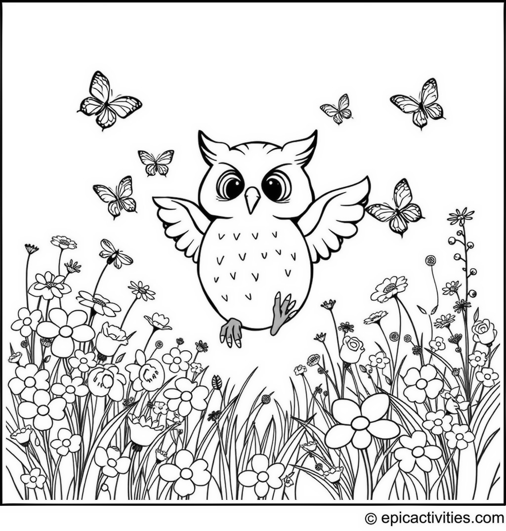 Coloring page of a cartoon owl dancing with butterflies in a flower-filled meadow