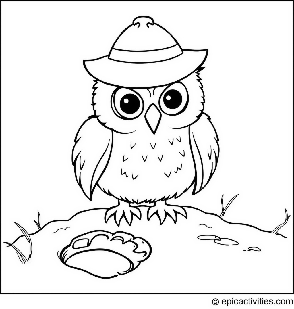 Coloring page of a Cartoon Owl Detective Investigating a Mysterious Footprint