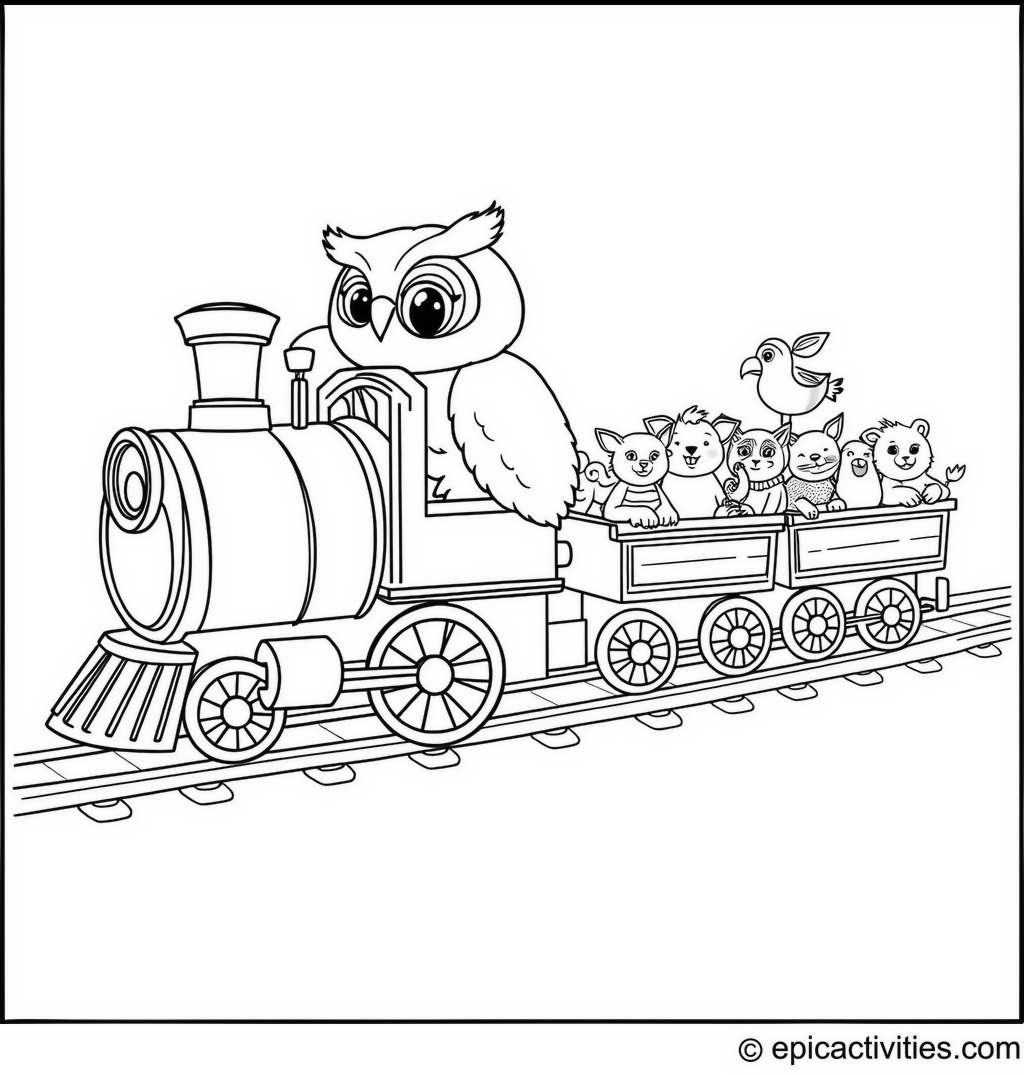 Coloring page of a Cartoon Owl Driving a Whimsical Train with Detailed Animal Carriages