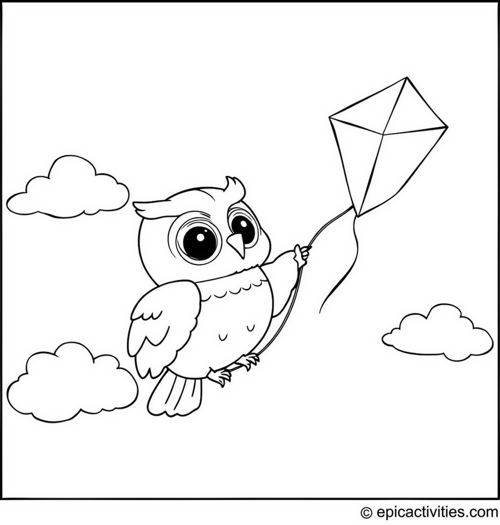Coloring page of a cartoon owl flying a star-shaped kite in the sky