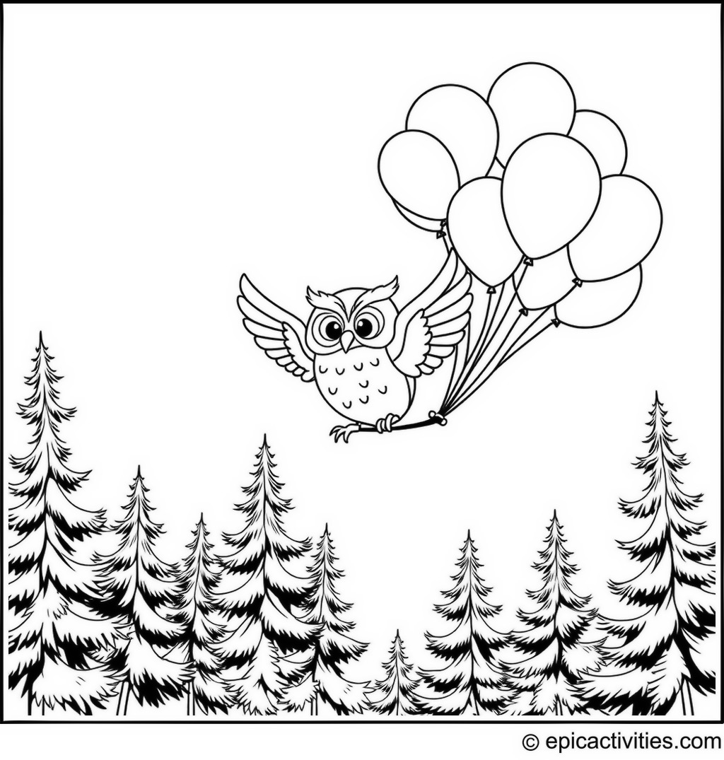 Coloring page of a Cartoon Owl Flying with Colorful Balloons