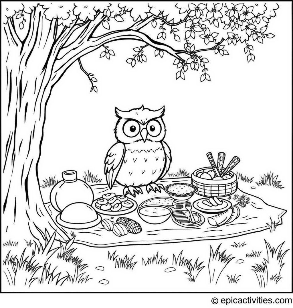 Coloring page of a Cartoon Owl Having a Picnic