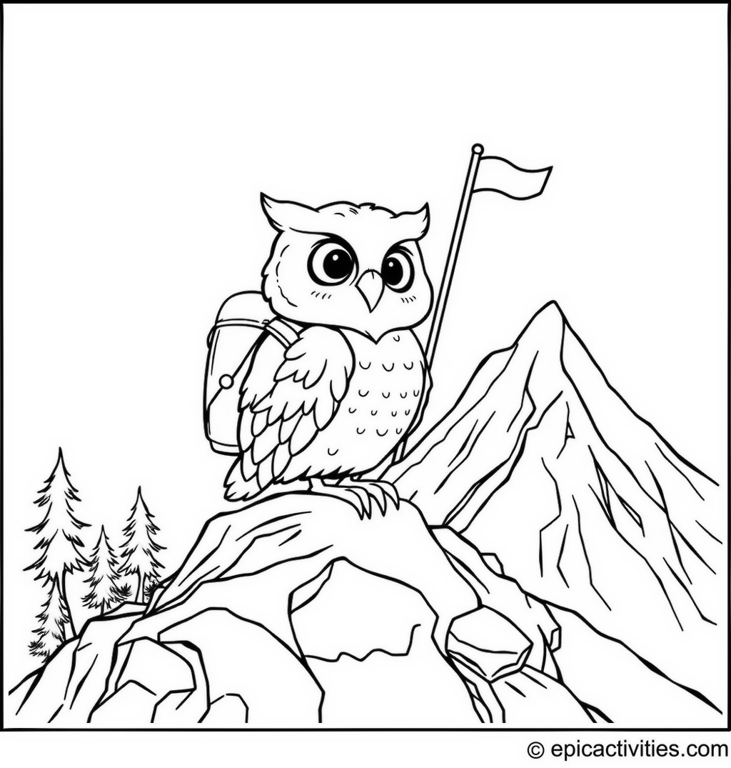 Coloring page of a Cartoon Owl Hiking with a Flag