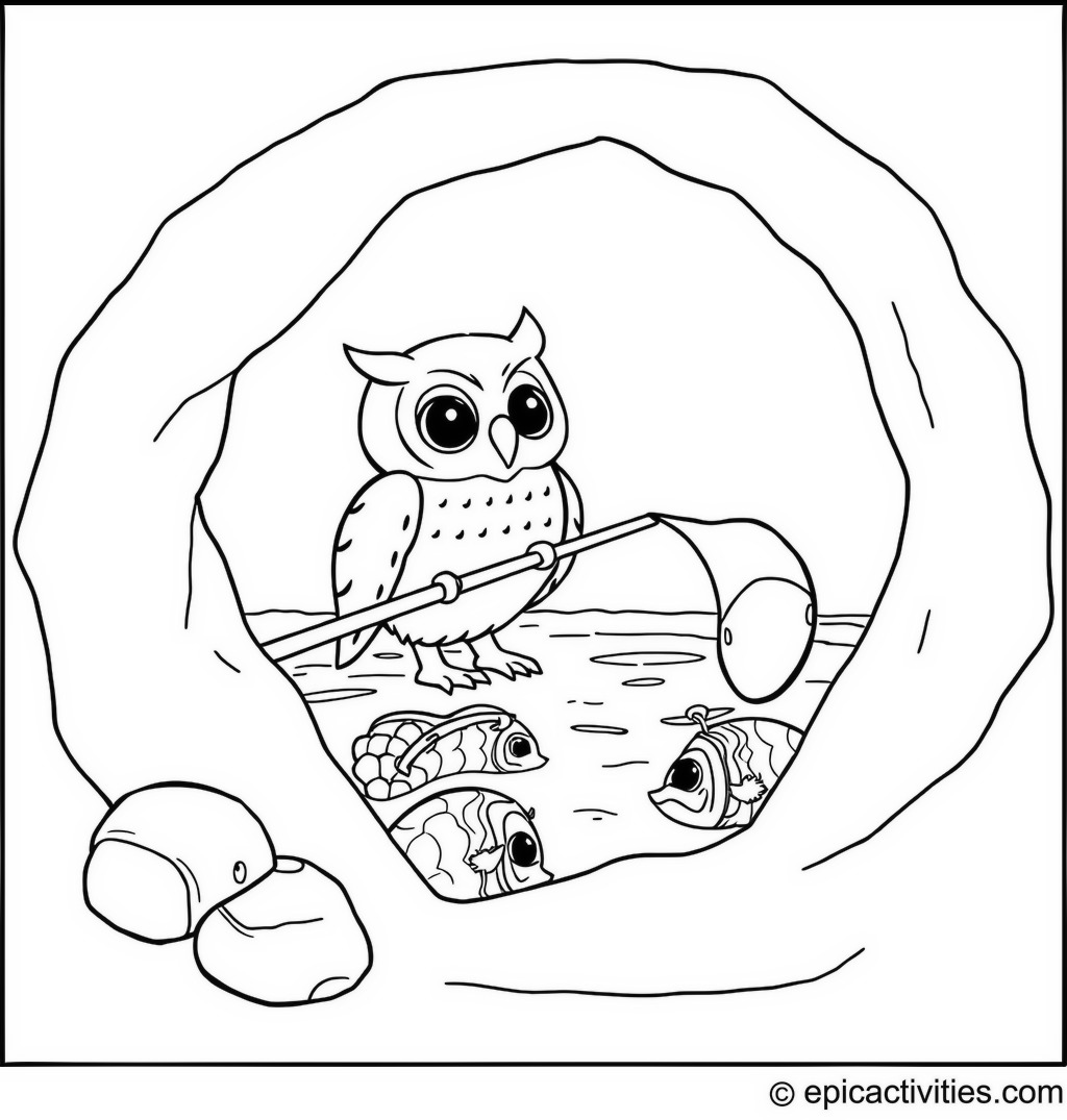 Coloring page of a Cartoon Owl Ice Fishing in the Sea
