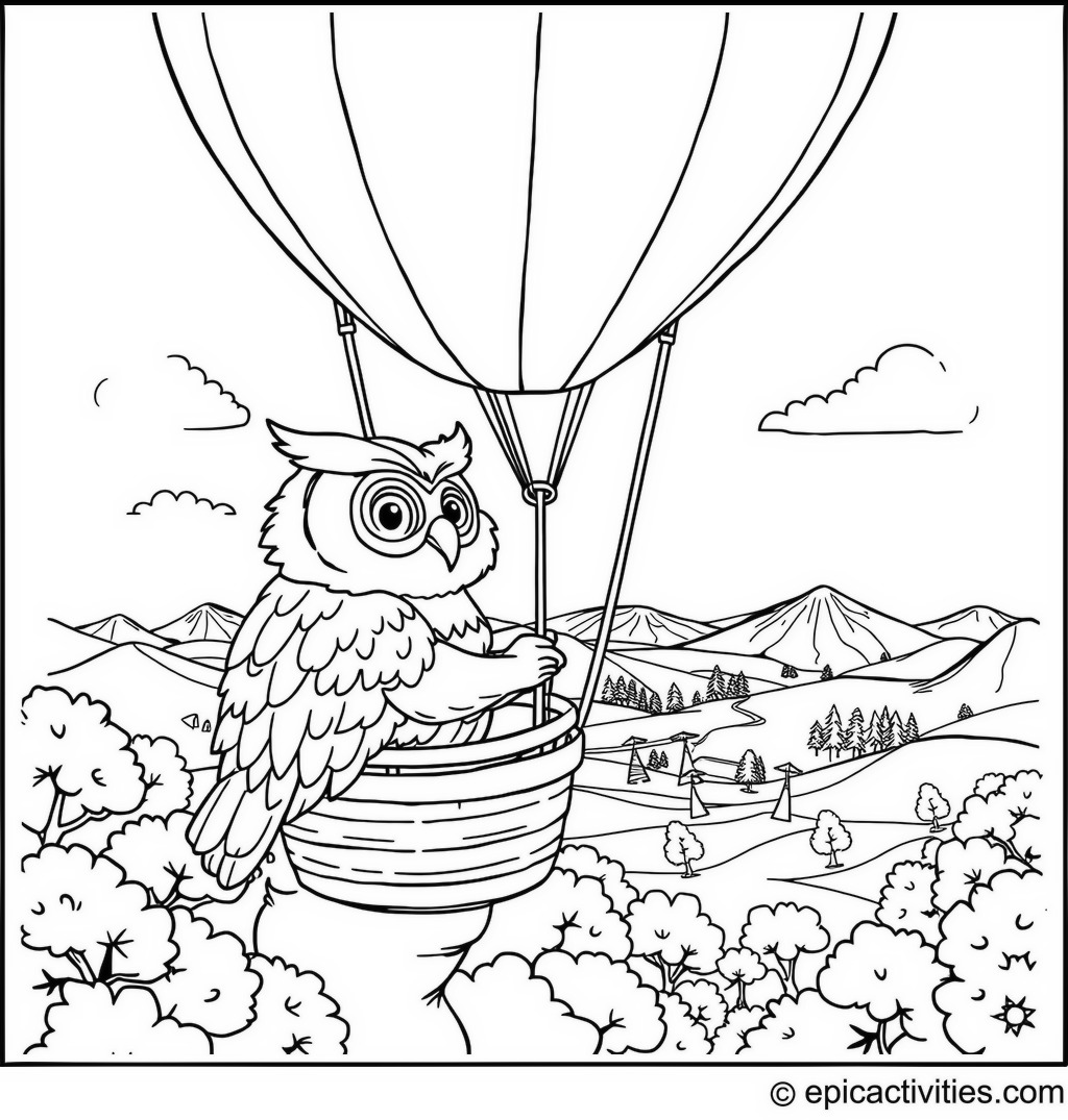 Coloring page of a Cartoon Owl in a Hot Air Balloon Adventure