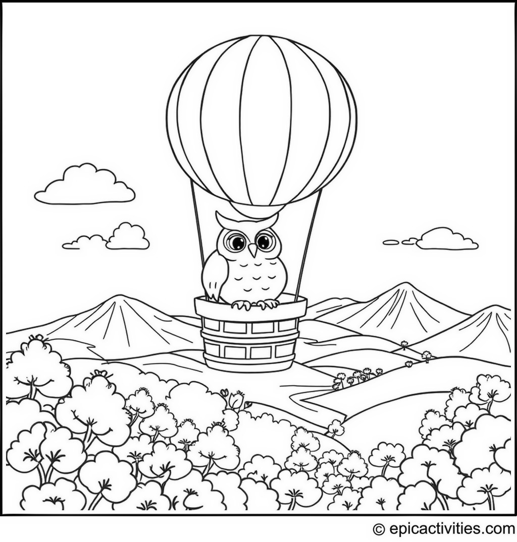Coloring page of a Cartoon Owl in a Hot Air Balloon