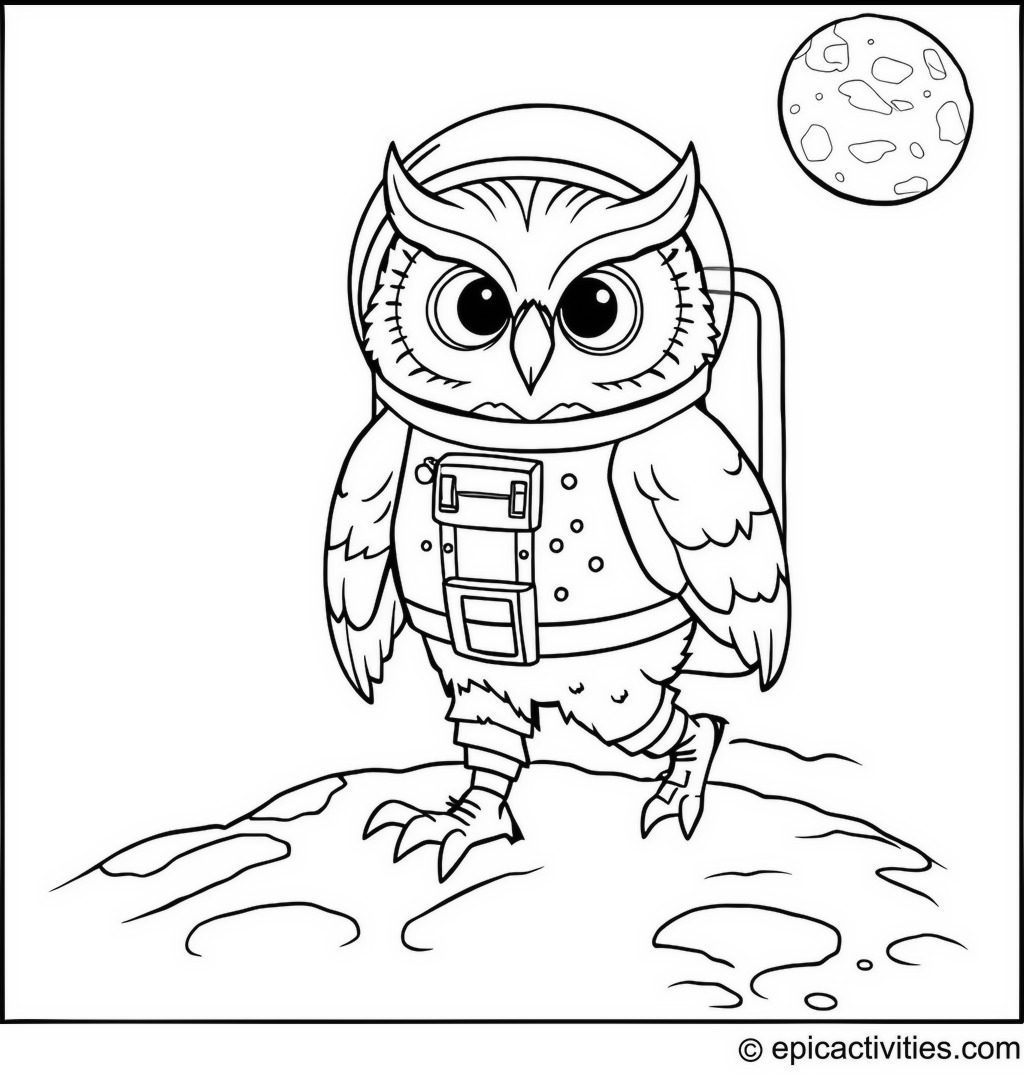 Coloring page of a Cartoon Owl in an Astronaut Suit Walking on the Moon