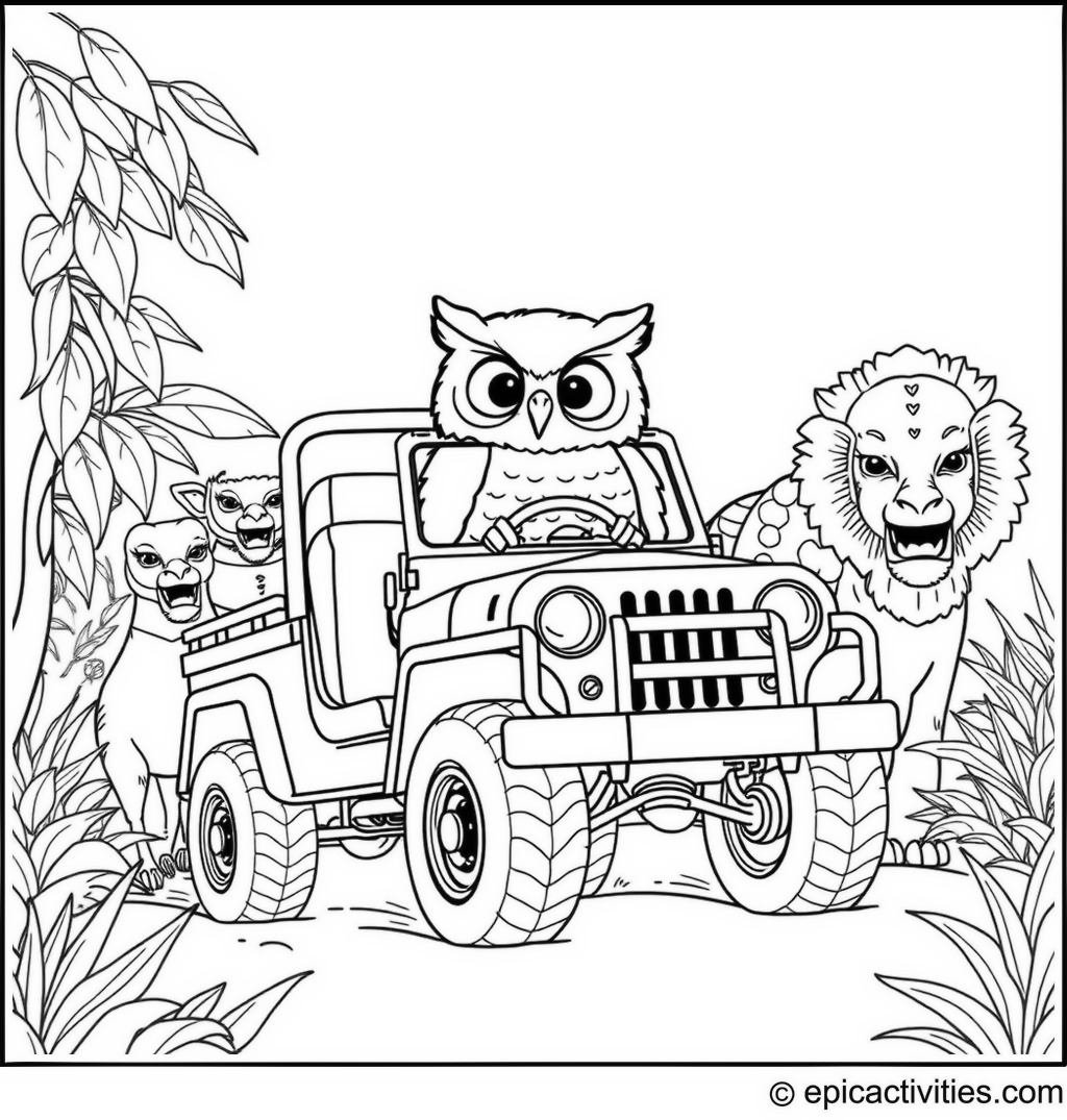 Coloring page of a Cartoon Owl on Safari Riding a Jeep with Jungle Animals