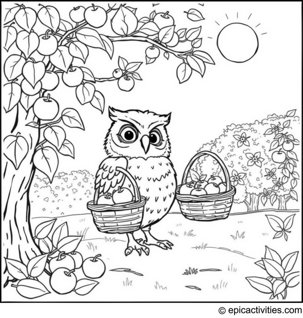 Coloring page of a Cartoon Owl Picking Apples in a Sunny Orchard