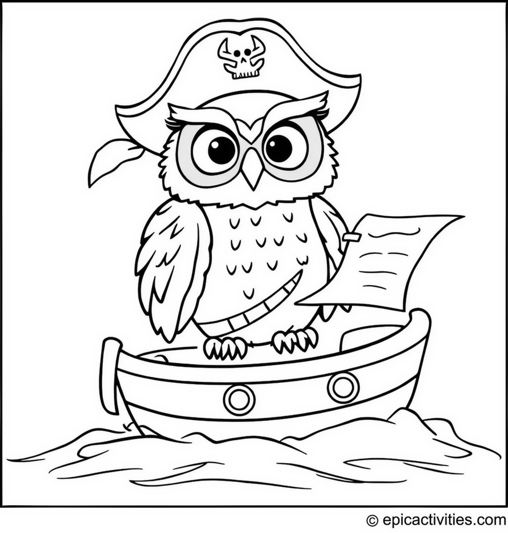 Coloring page of a Cartoon Owl Pirate with a Treasure Map on a Tiny Boat