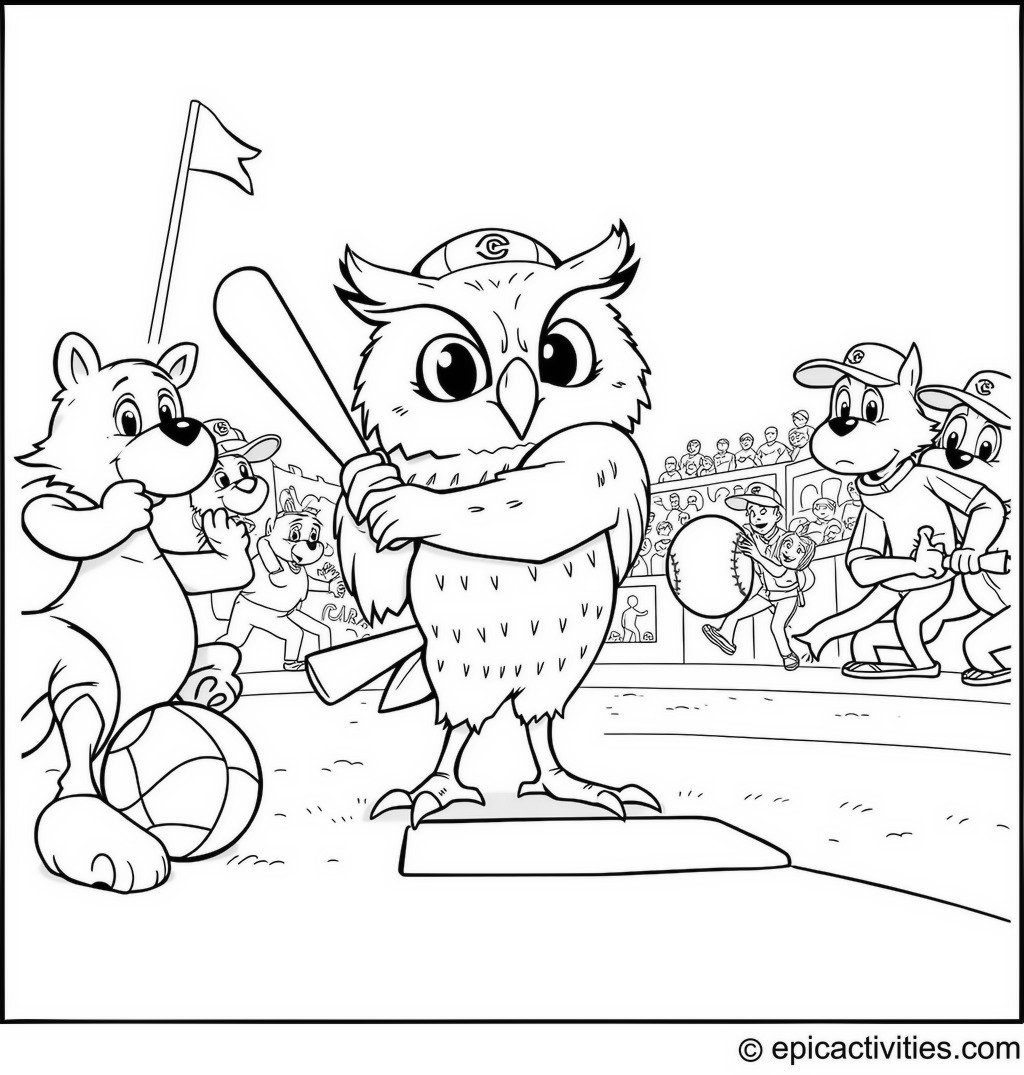Coloring page of a cartoon owl playing baseball in a game scene with other animal players