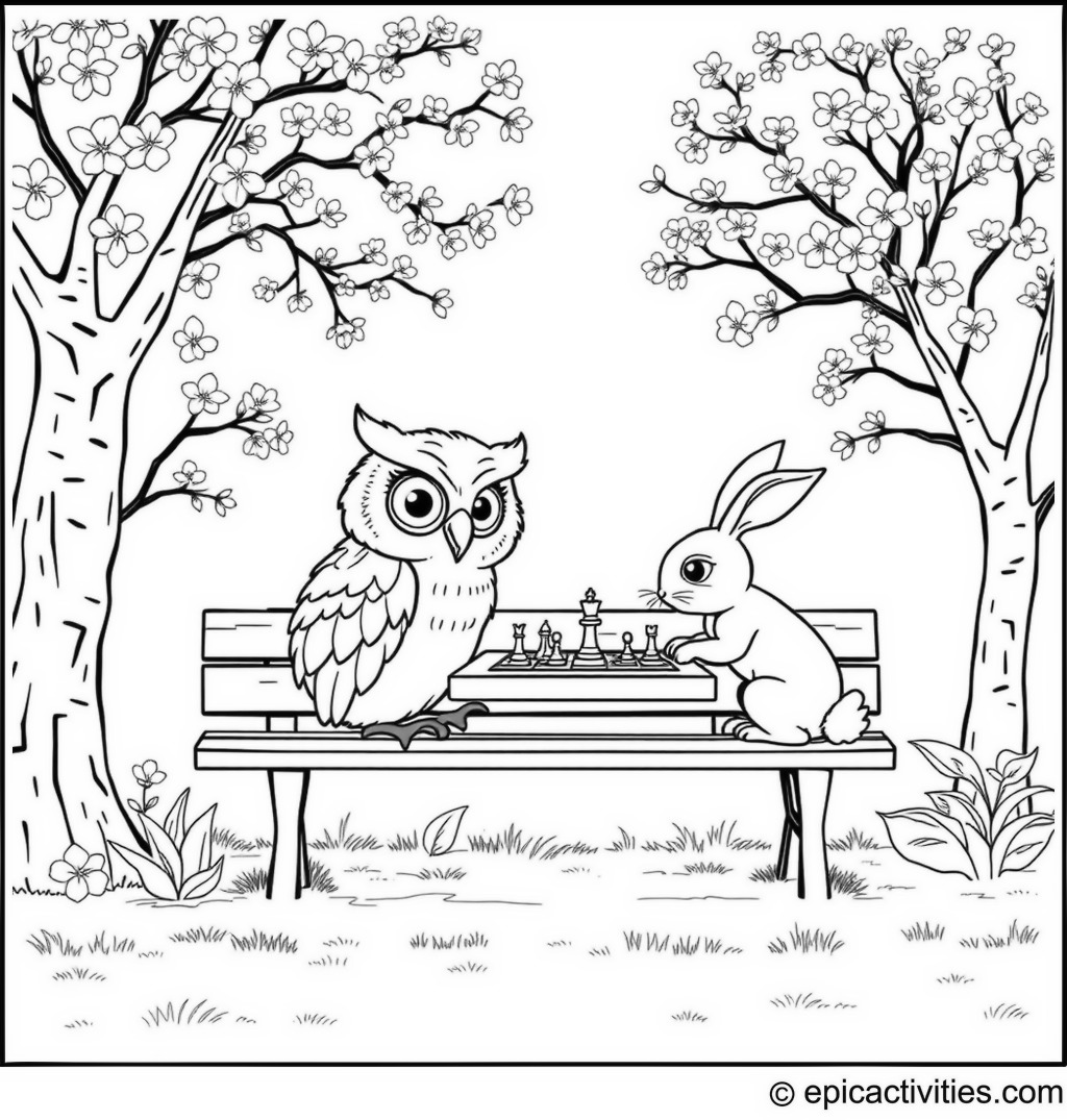 Coloring page of a Cartoon Owl Playing Chess with a Rabbit in the Park