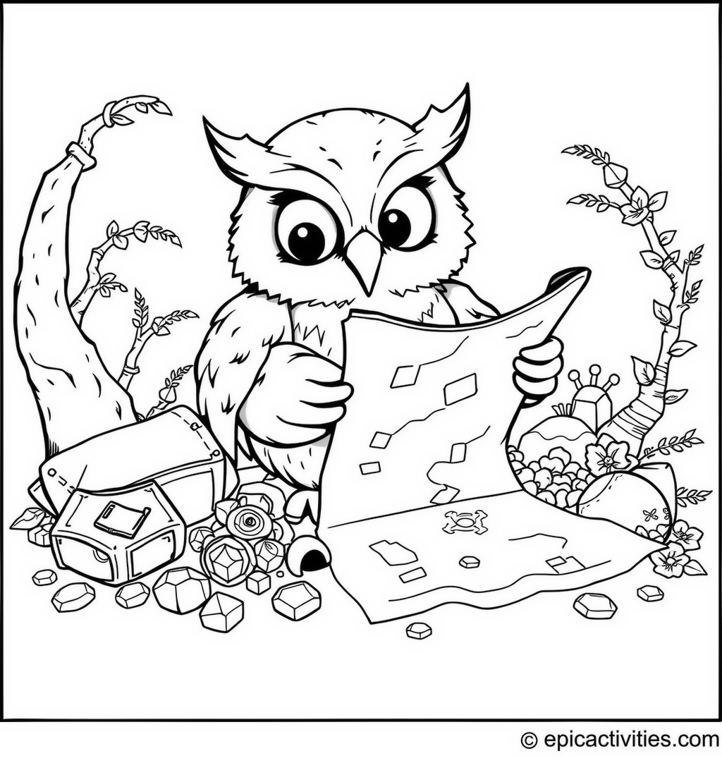 Coloring page of a Cartoon Owl Reading a Treasure Map Surrounded by Pirate Treasure
