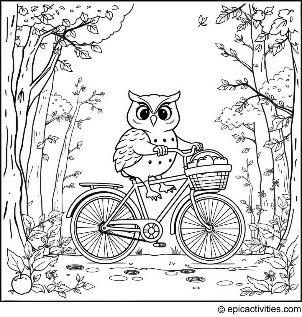 Coloring page of a Cartoon Owl Riding a Bicycle Through an Autumn Forest
