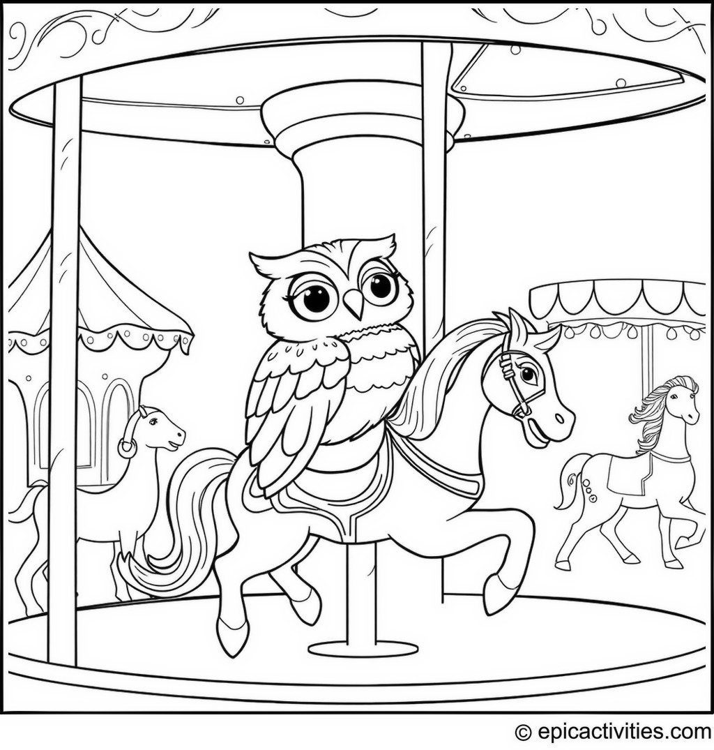 Coloring page of a Cartoon Owl Riding a Carousel Horse at a Whimsical Fair