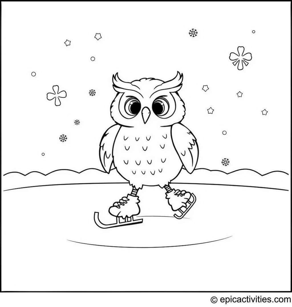 Coloring page of a Cartoon Owl Skating on an Ice Rink