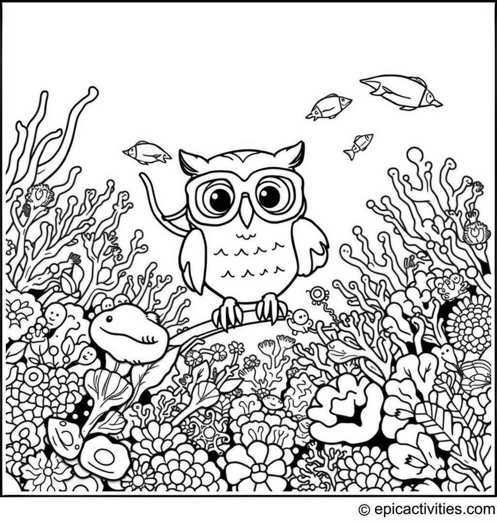 Coloring page of a Cartoon Owl Snorkeling in a Tropical Coral Reef