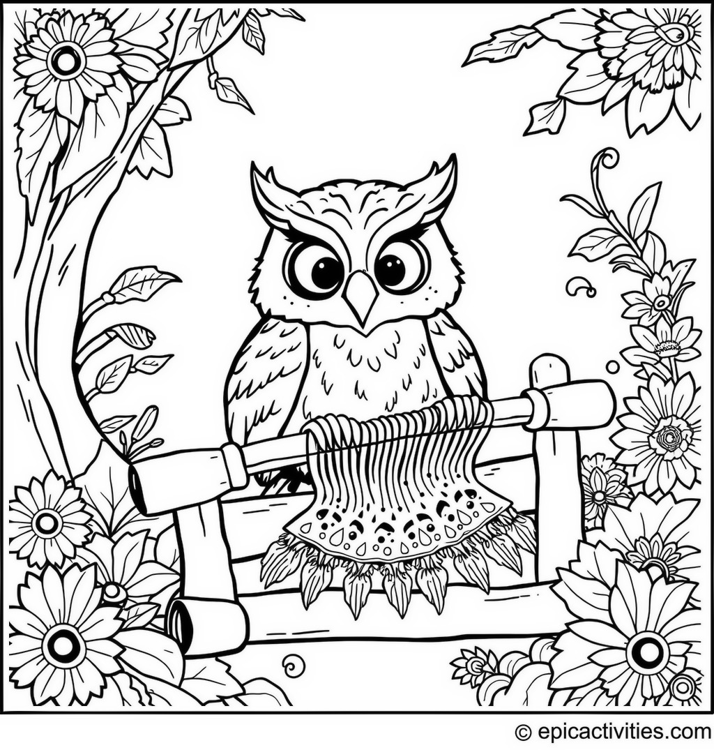 Coloring page of a cartoon owl weaving a tapestry