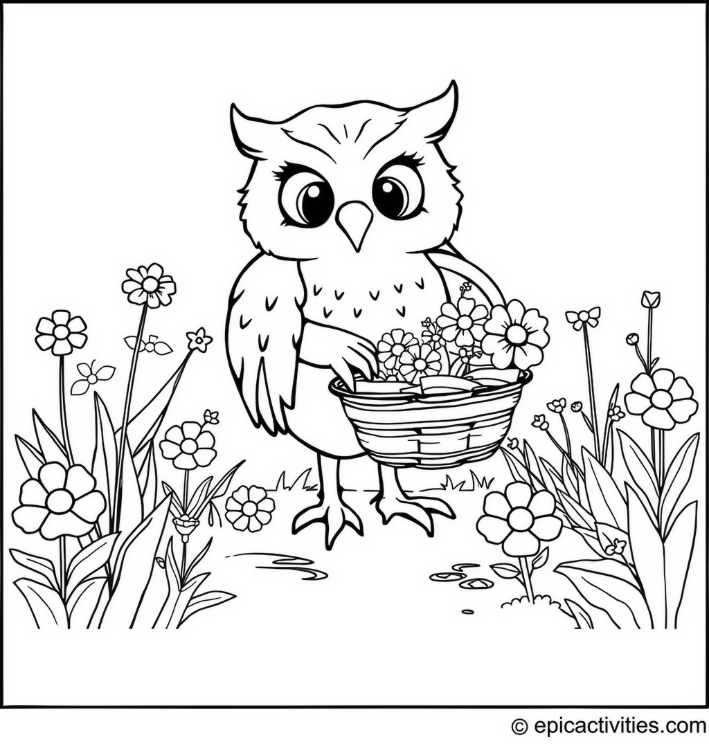 Coloring page of a cartoon owl with a basket gathering colorful flowers