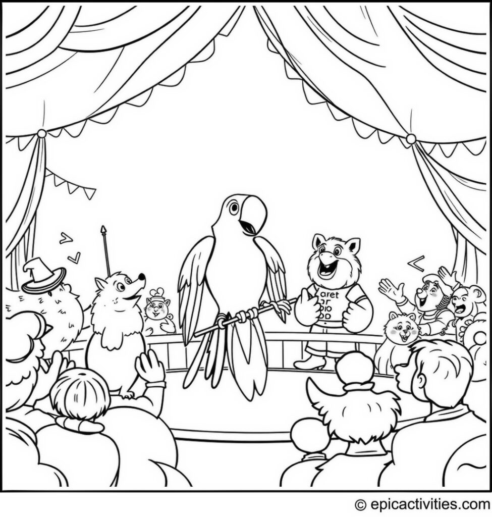 Coloring page of a Cartoon Parrot as a Ringmaster in a Circus