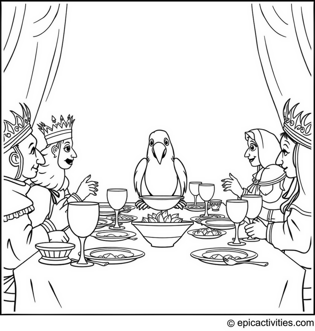 Coloring page of a Cartoon Parrot at a Royal Feast
