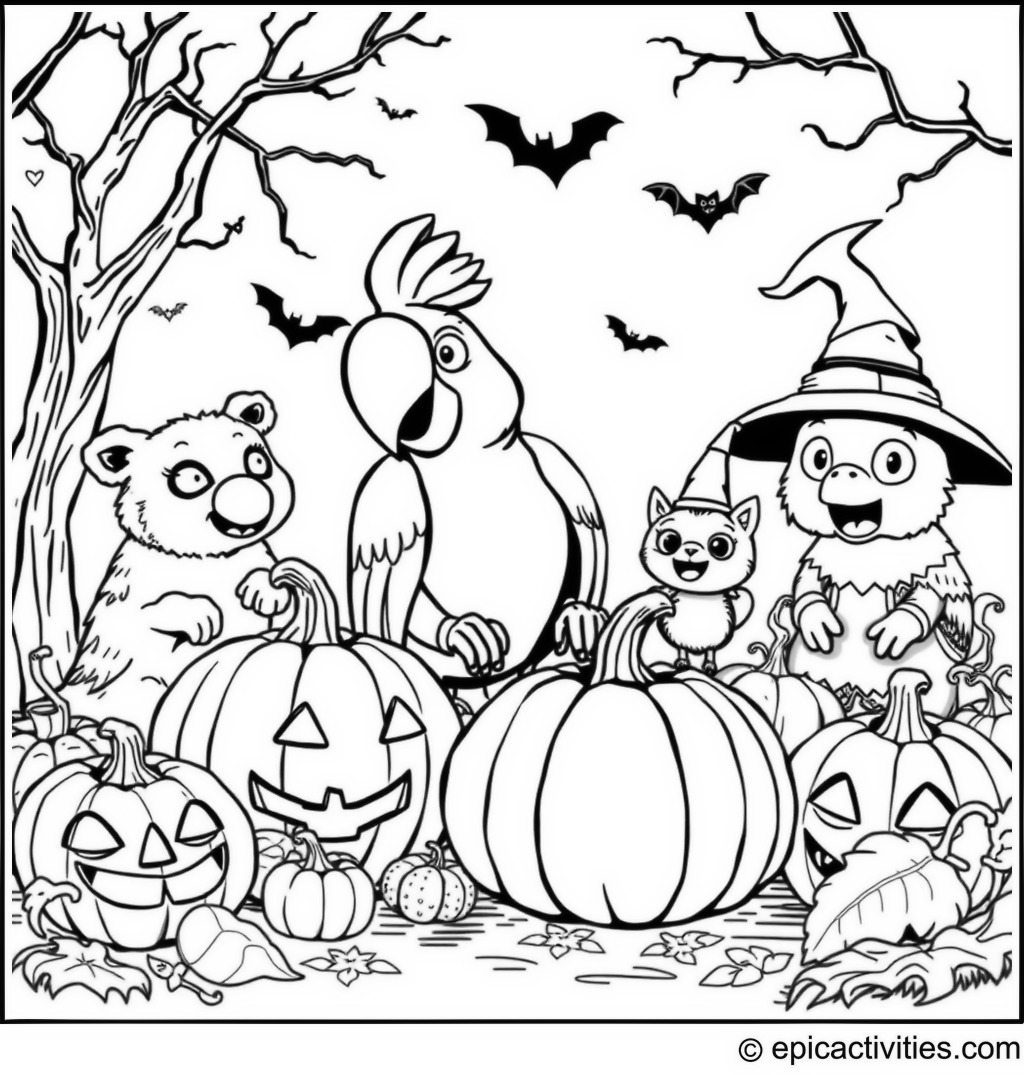 Coloring page of a Cartoon Parrot Carving Pumpkins with Animal Friends on Halloween