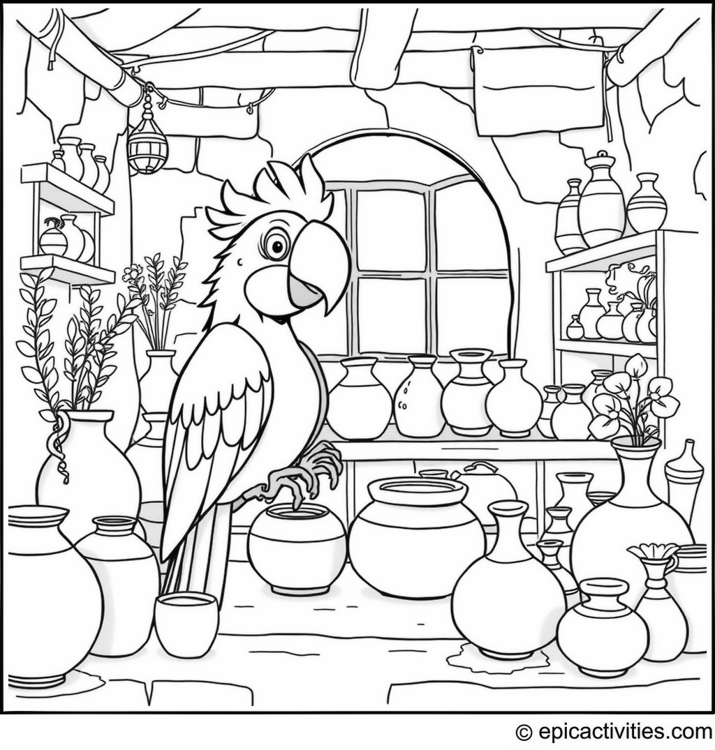 Coloring page of a Cartoon Parrot Creating Pottery