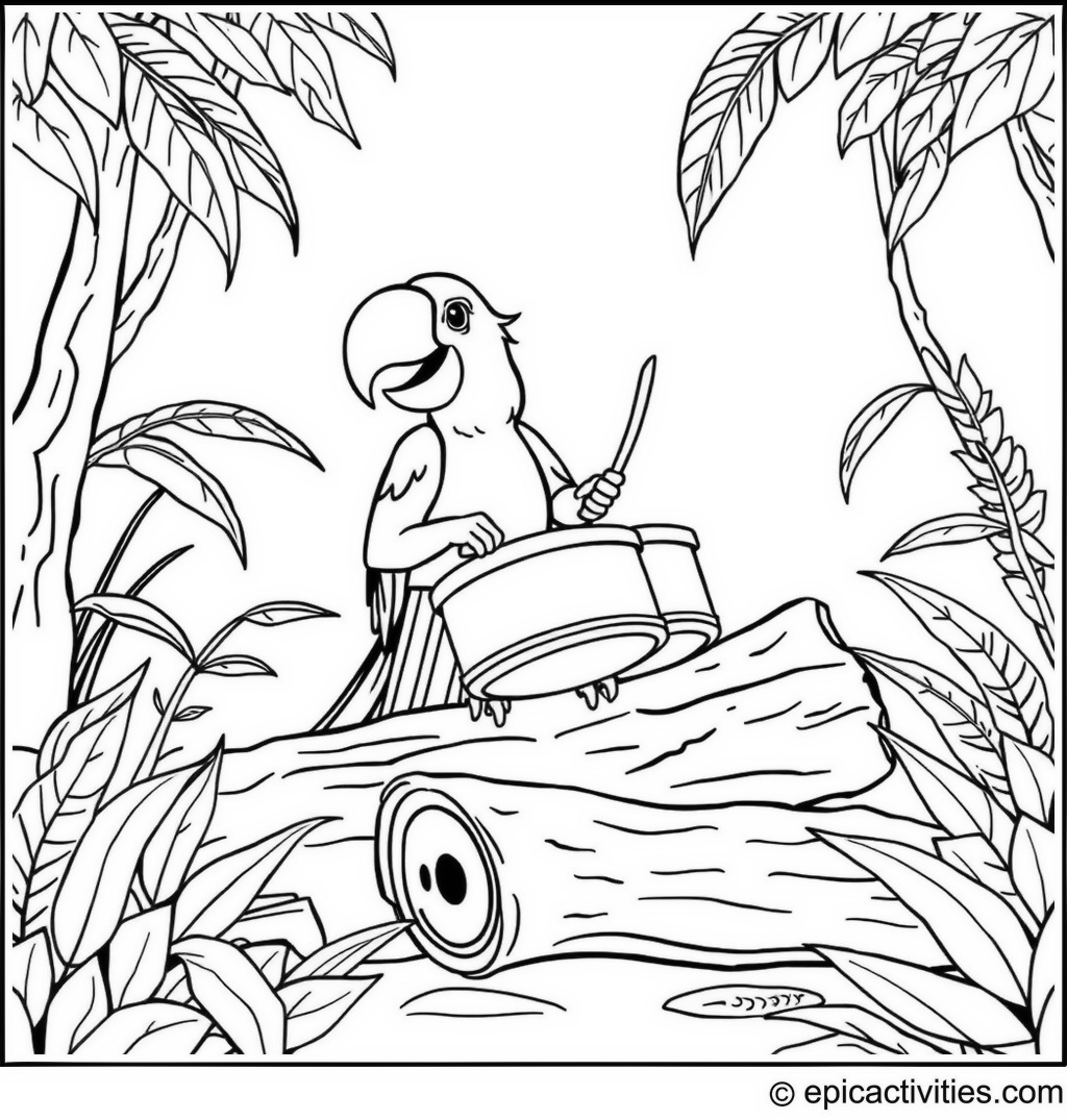 Coloring page of a Cartoon Parrot Drumming in a Lively Jungle Band