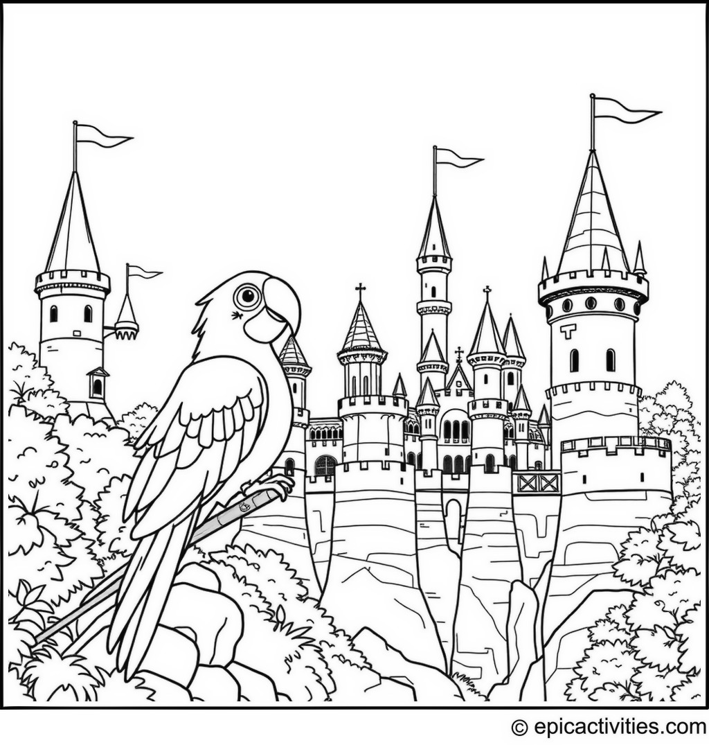 Coloring page of a Cartoon Parrot Exploring an Ancient Castle