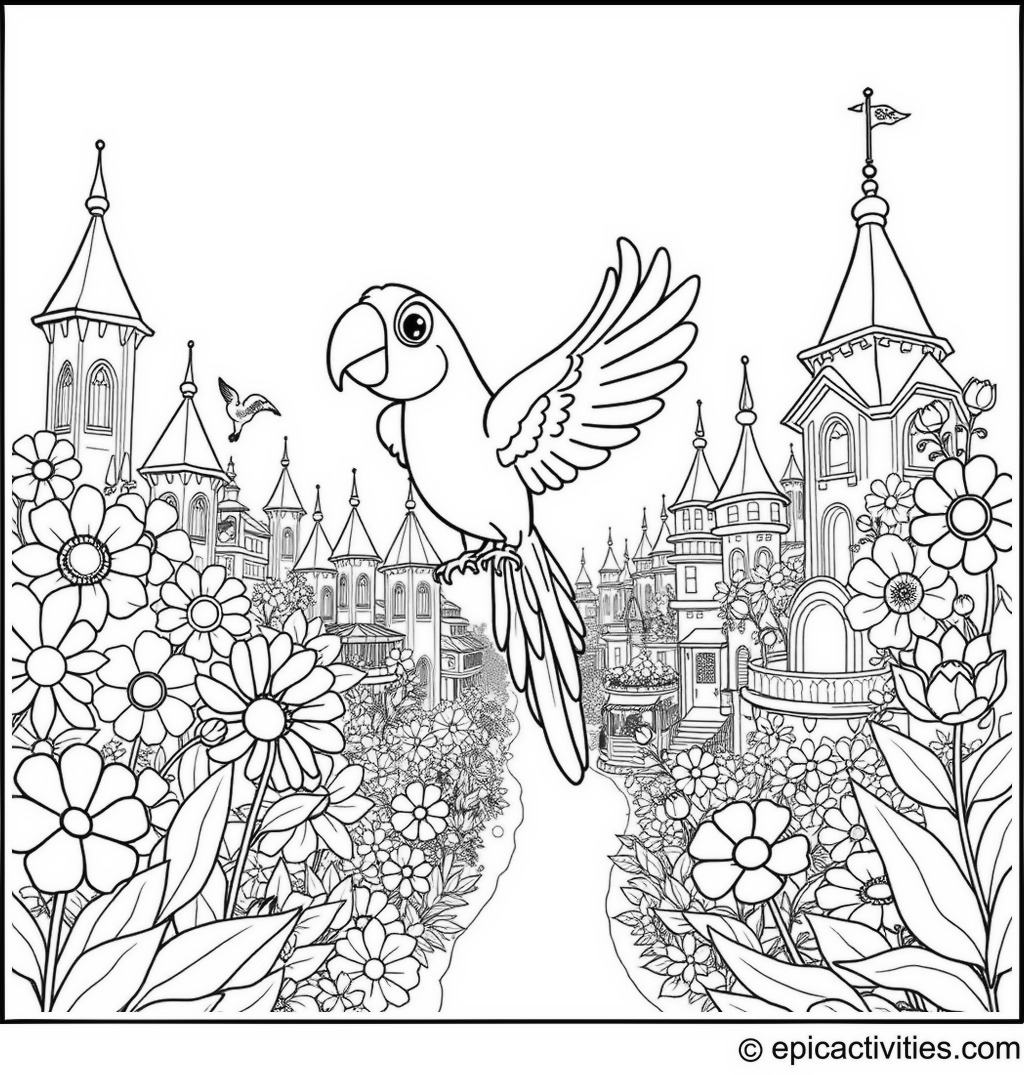 Coloring Page of a Cartoon Parrot Flying Through a Whimsical City made of Giant Flowers