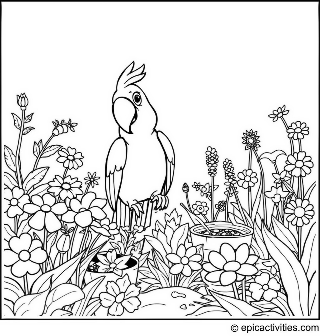 Coloring page of a Cartoon Parrot Gardening in a Magical Garden