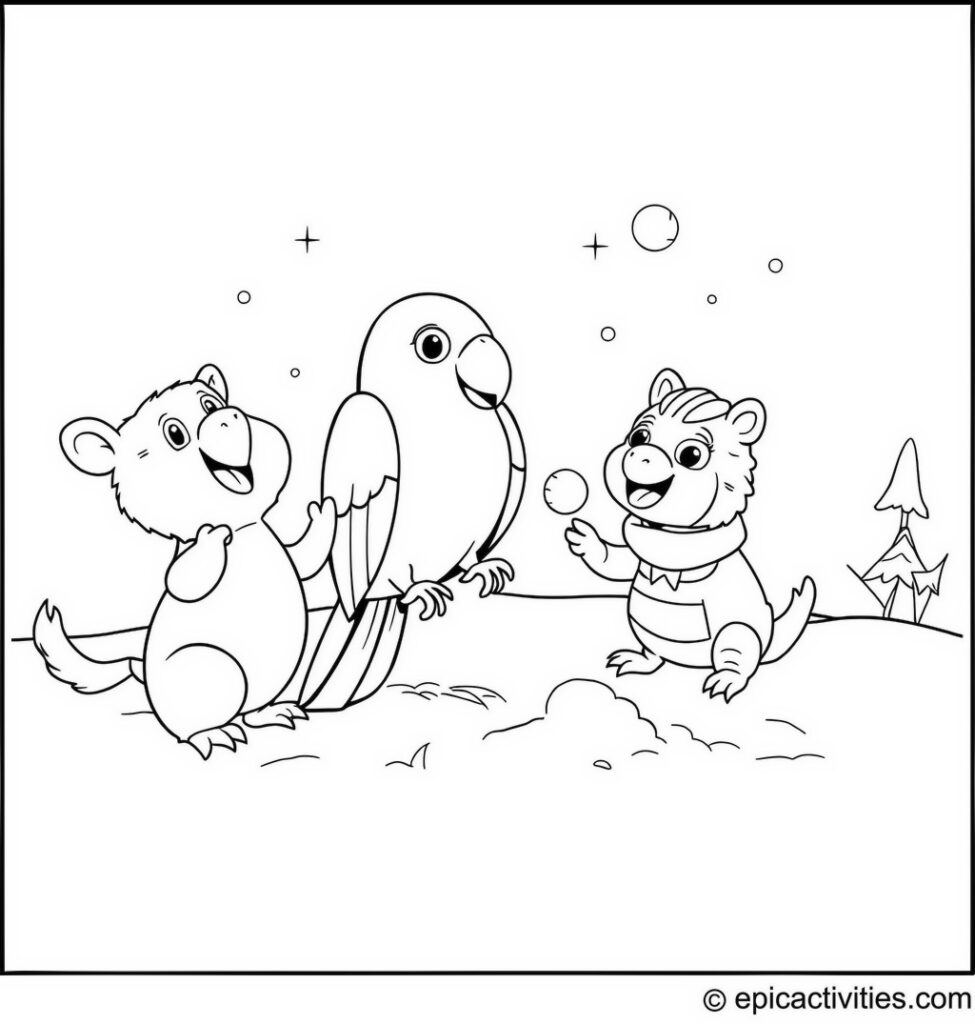 Coloring page of a Cartoon Parrot Having a Snowball Fight with Animal Friends