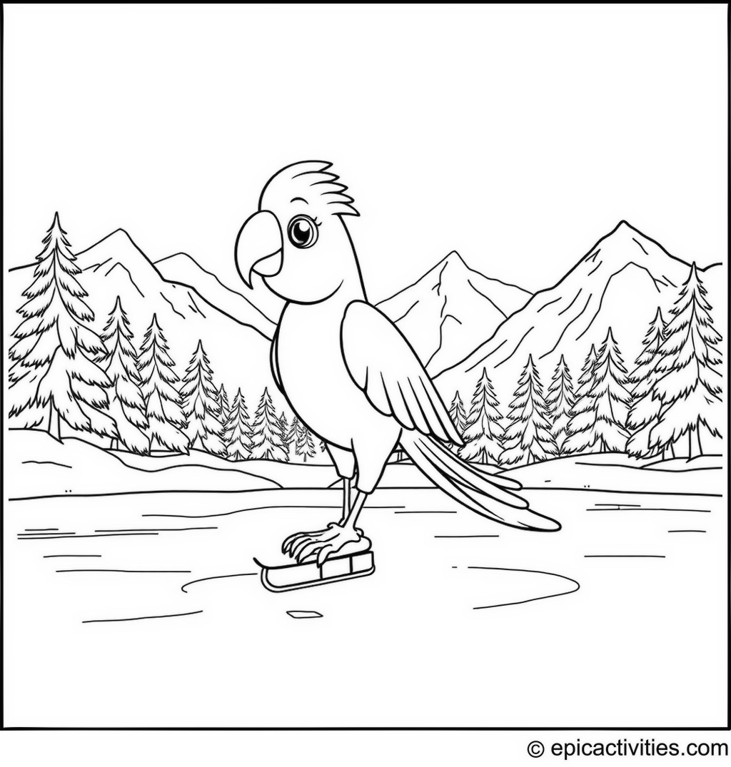 Coloring page of a Cartoon Parrot Ice Skating
