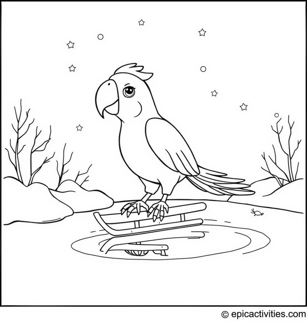 Coloring page of a Cartoon Parrot Ice Skating in a Winter Wonderland