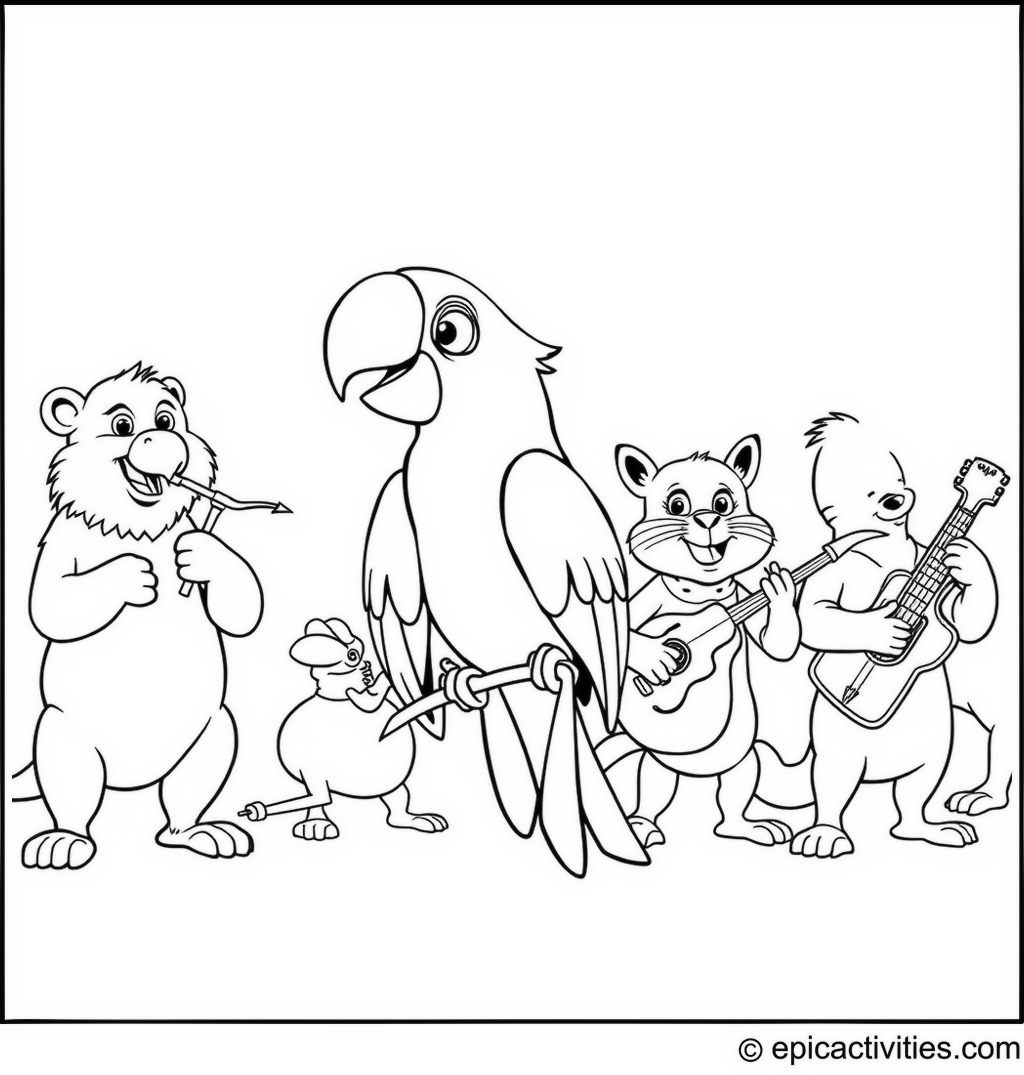 Coloring page of a Cartoon Parrot in a Musical Parade