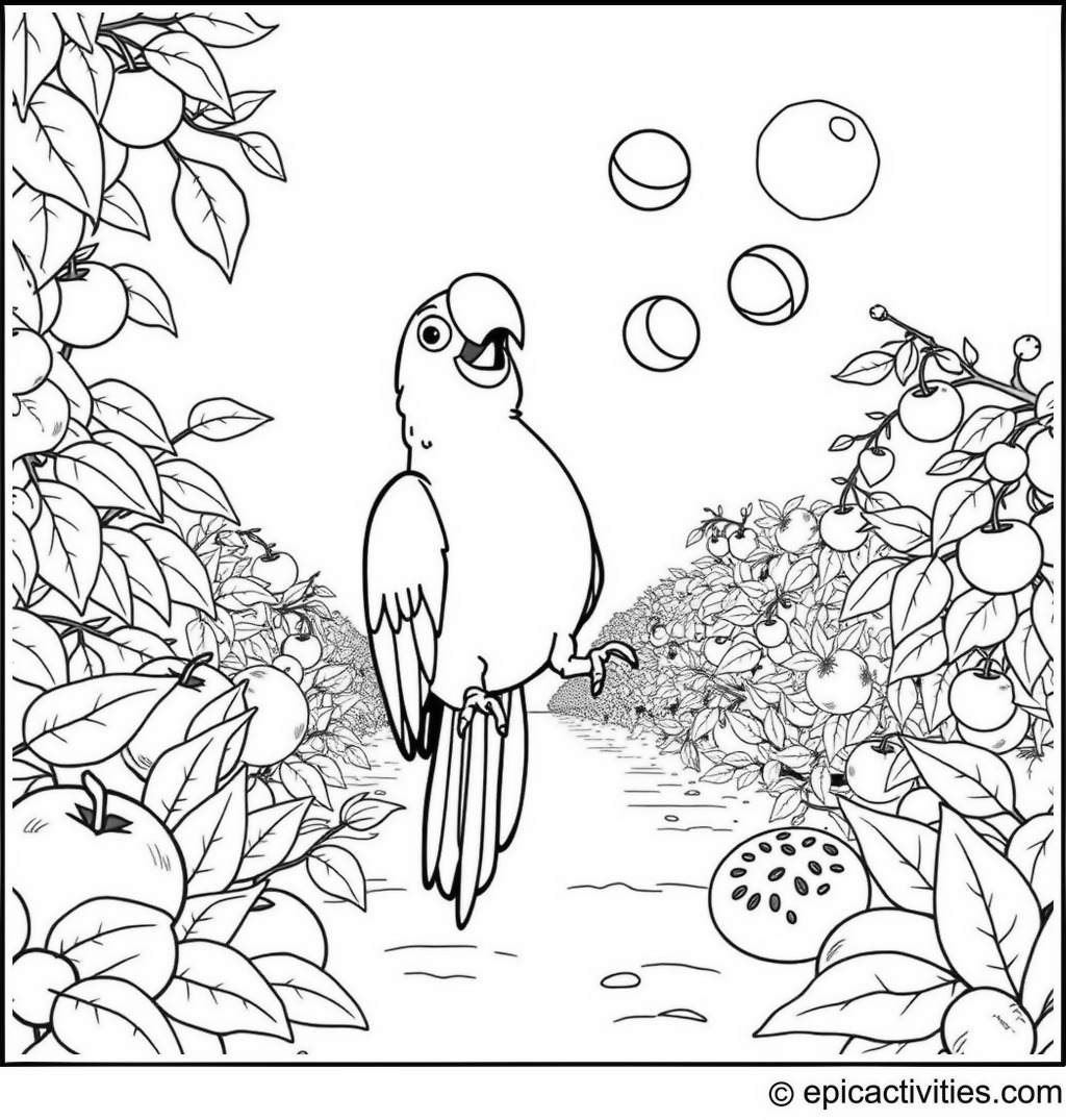 Coloring page of a Cartoon Parrot Juggling Colorful Fruits in a Sunny Orchard