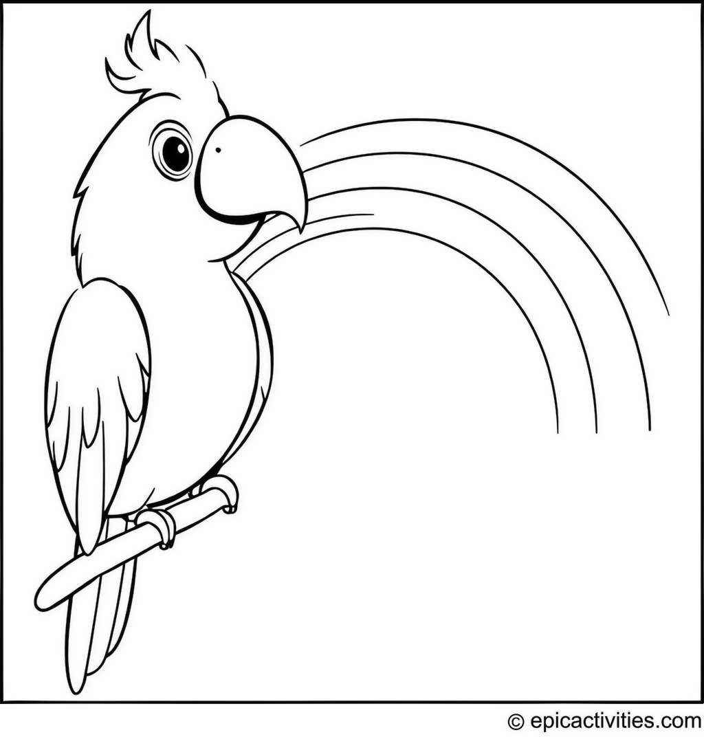 Coloring page of a Cartoon Parrot Painting a Rainbow