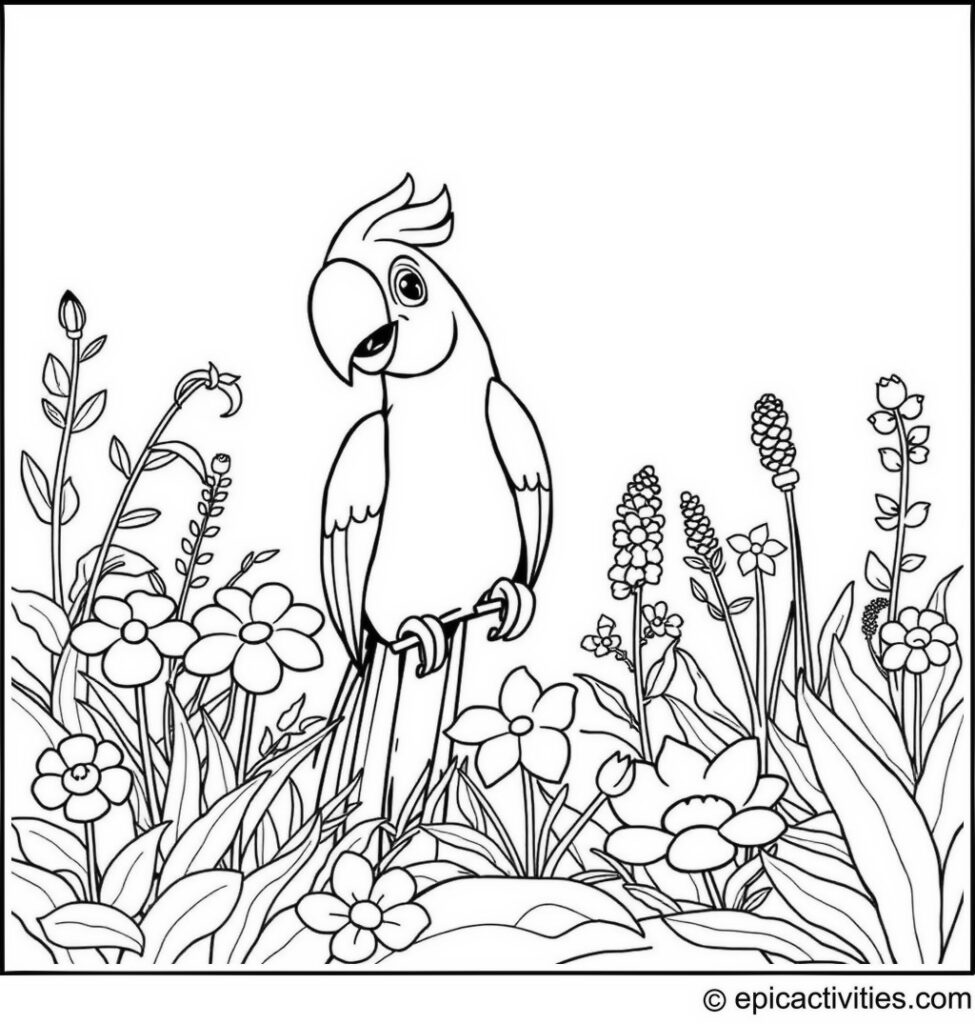 Coloring page of a Cartoon Parrot Planting Flowers in a Magical Garden